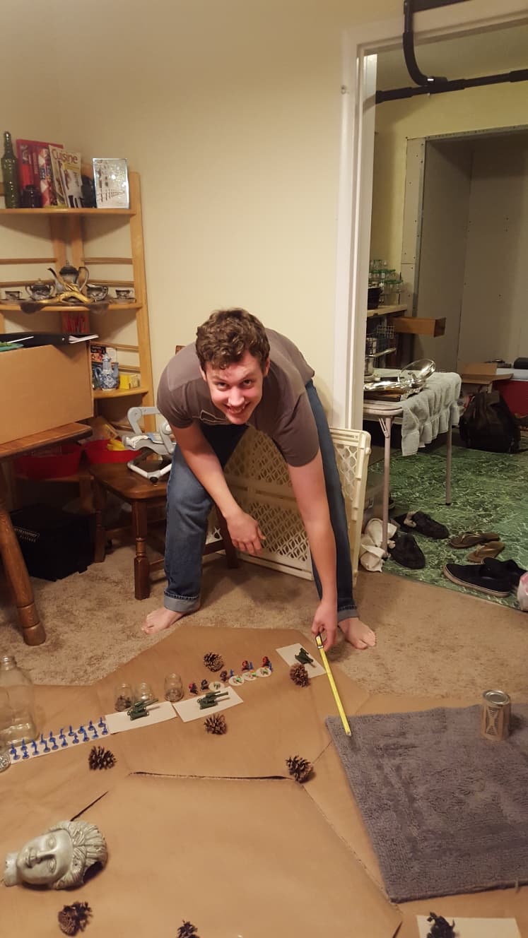 How it all began, on the floor with hexagons SLIGHTLY larger than was practical for a tabletop adventure.